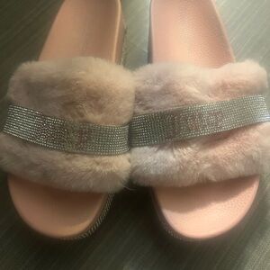 Juicy Couture Pink Fuzzy Slippers with Silver Accents